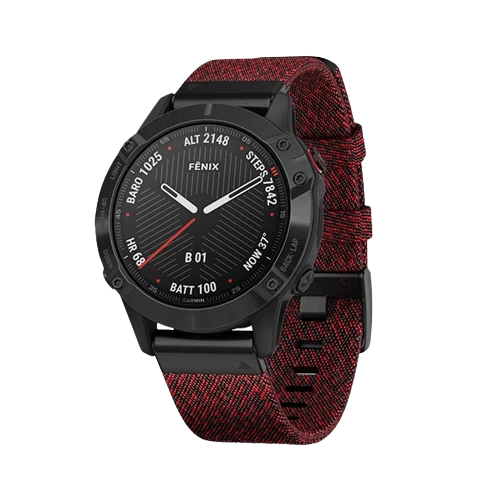 Đồng hồ thông minh Garmin Fenix 6, Sapphire, Black DLC with Heathered Red Nylon Band - Chính Hãng